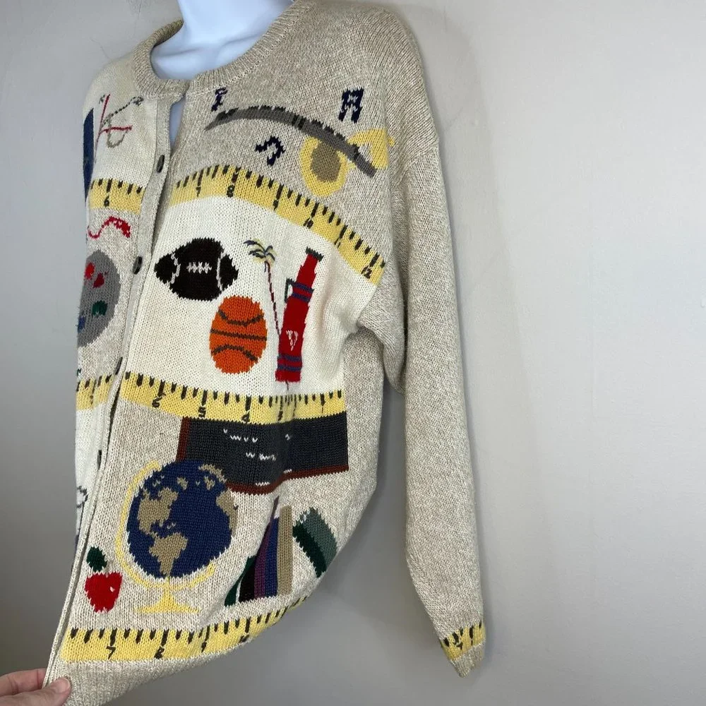 Woolrich Womens TEACHER Cardigan Sweater Sz M MATH SCIENCE Music Sports Vintage - Picture 7 of 13